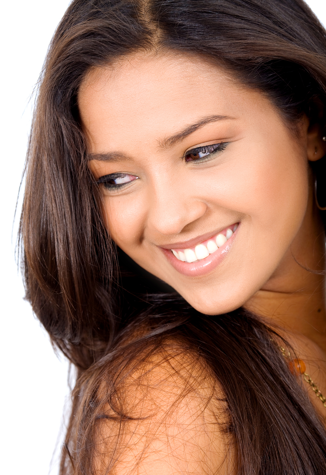 beautiful dark haired woman smiling, bright white teeth, Old Bridge, NJ cosmetic dentistry